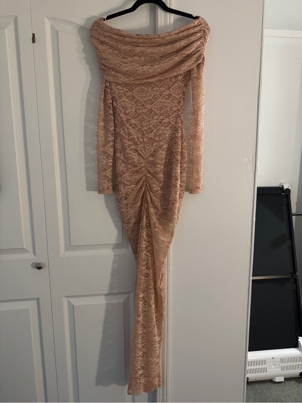 Off-Shoulder Lace Evening Gown in blush